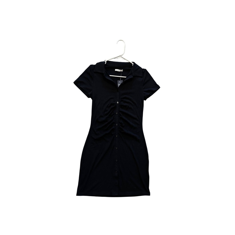 Abercrombie Fitch Black Ribbed Button Front Ruched Short Sleeve Shirt Dress M